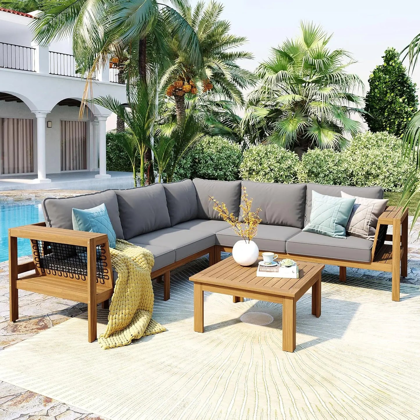 Acacia Wood Outdoor Slatted 4 Piece Sectional Sofa Set Cushions