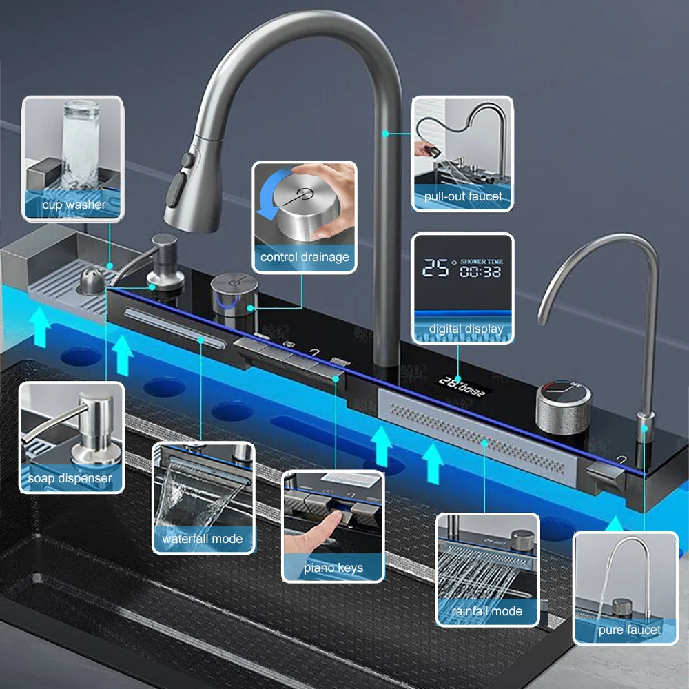 Multifunctional Kitchen Waterfall Sink With Digital Display, 304 Stainless Steel