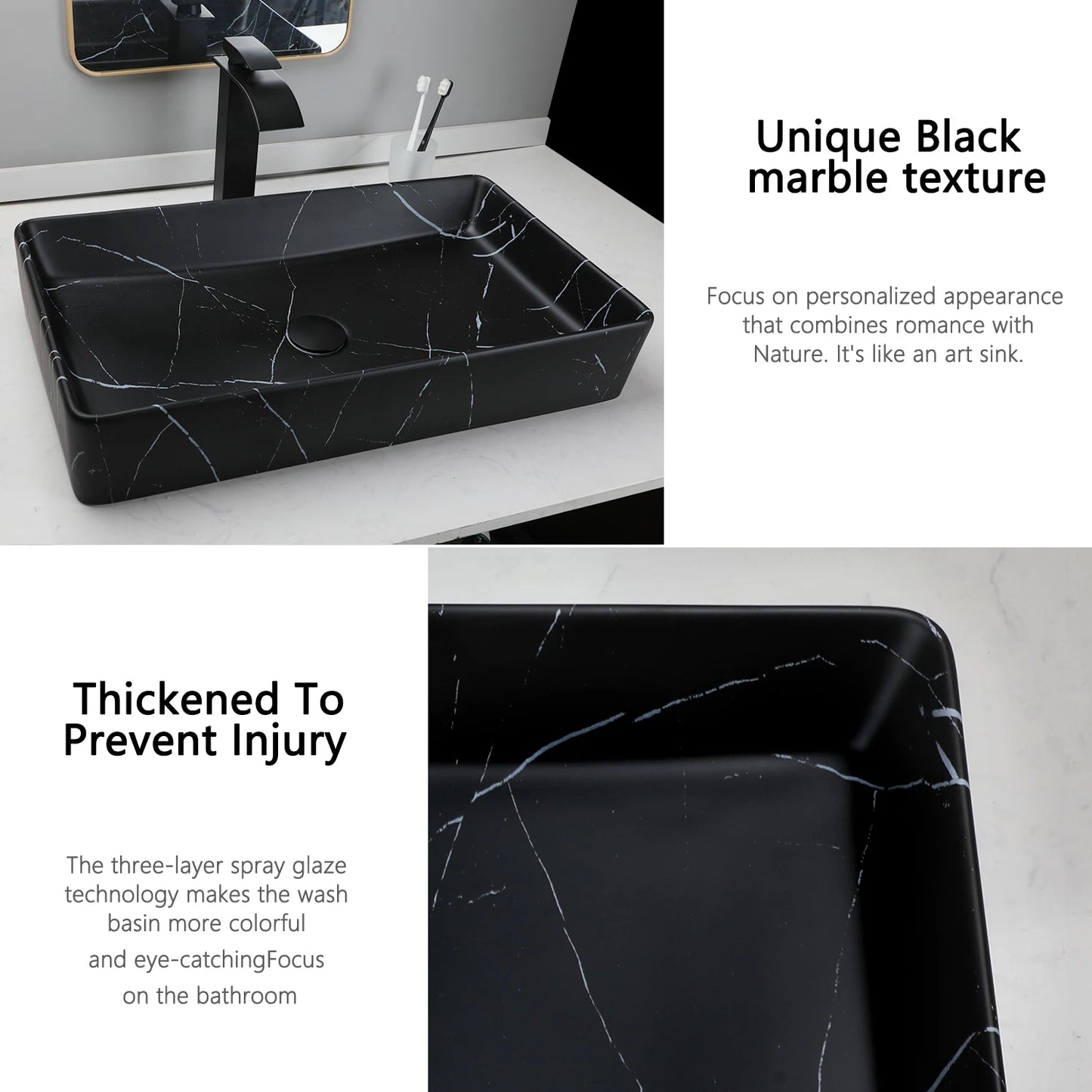KEMAIDI Rectangular Marble Ceramic Vessel Sink With Faucet Set