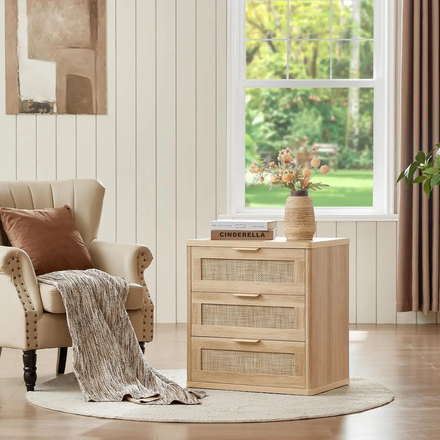 Rattan Nightstand Set Of 2 Boho Natural Wood Bedside Tables With Drawers