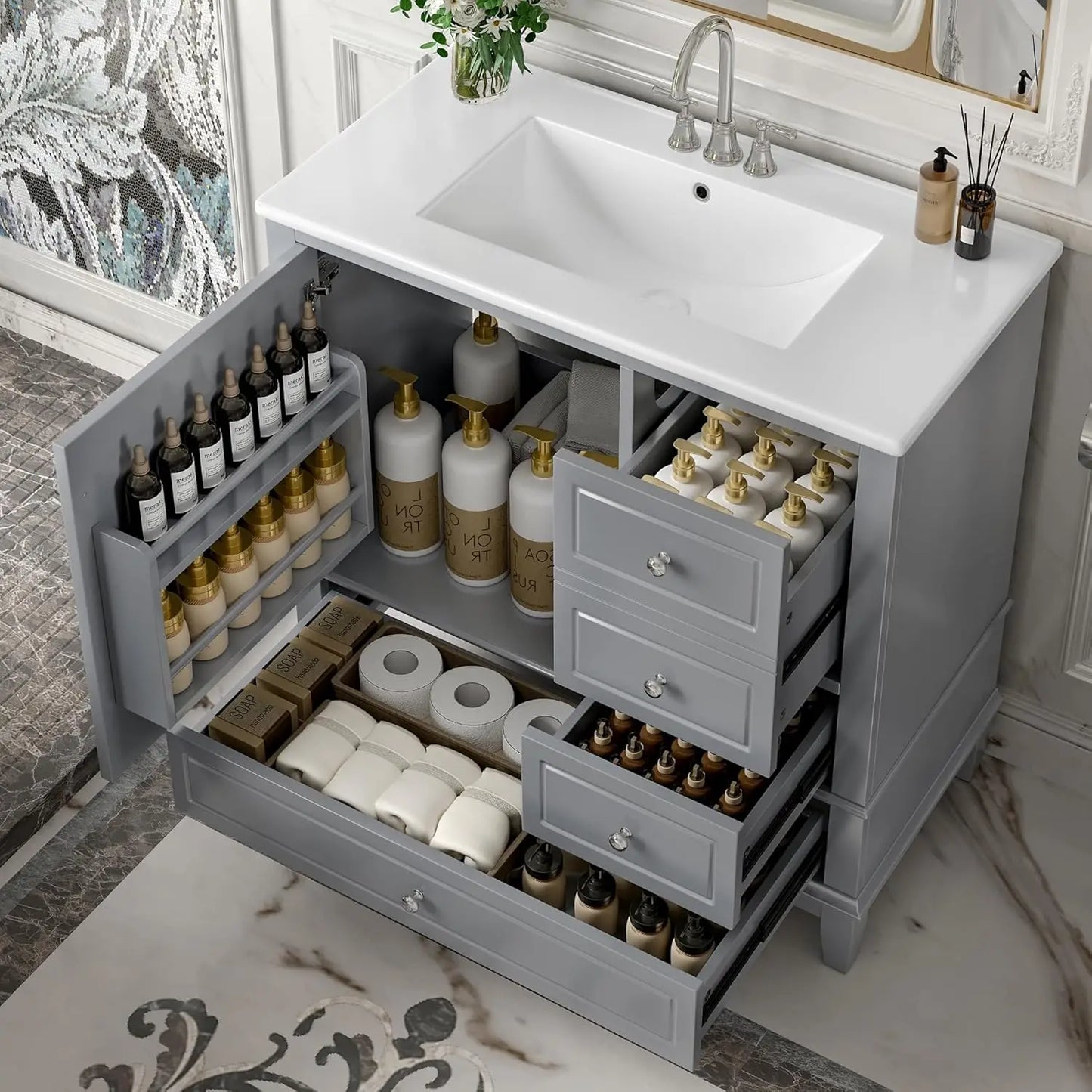 Free Standing Bathroom Vanity With Ceramic Basin And Sink