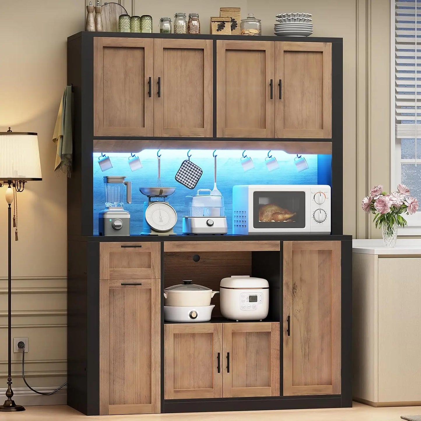 Pantry Cabinet With Charging Station And Lighting Microwave Stand