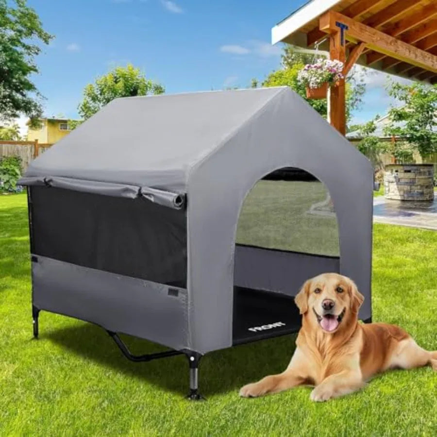 Outdoor Indoor Dog House With Mesh Windows And Elevated Bed