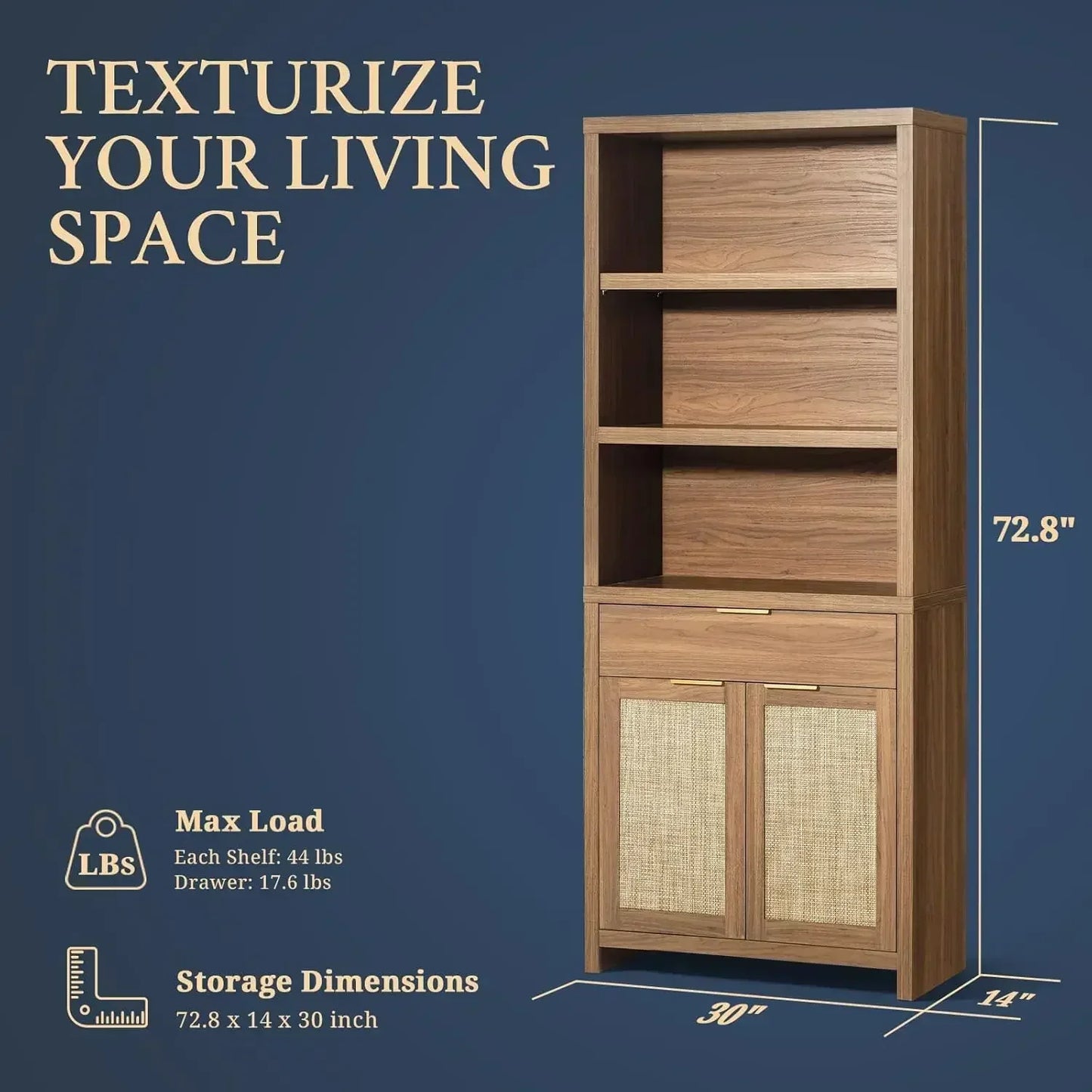 Rattan Bookcase With Doors And Drawer 5 Tier Large Wooden