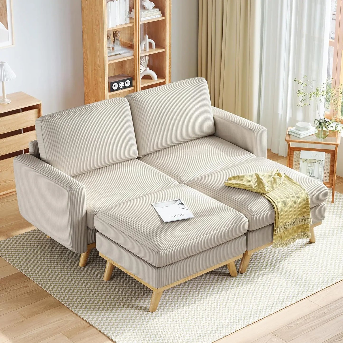L Shape Modular Sectional Sofa 3 Seat Corduroy Movable Ottoman
