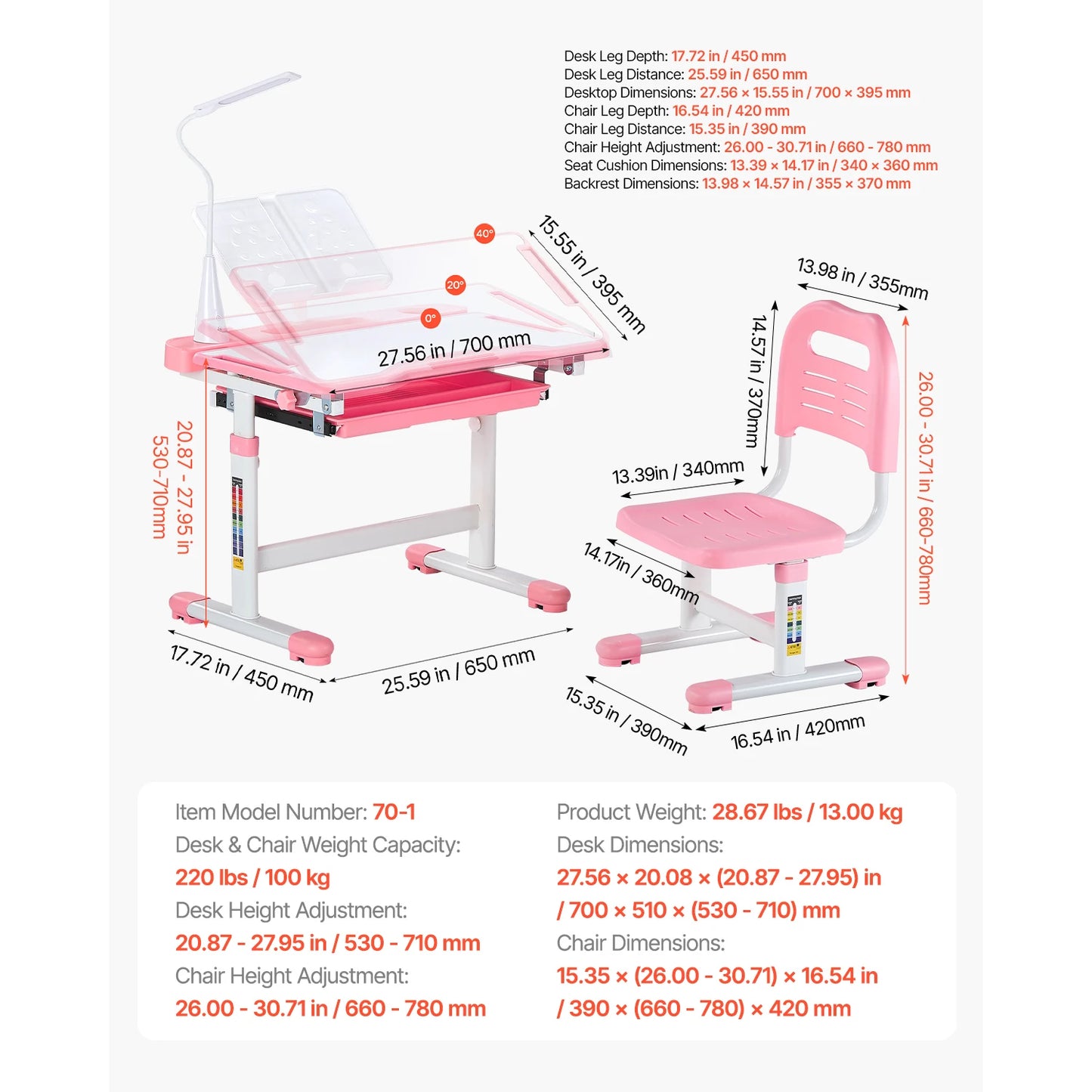 SucceBuy Kids Study Desk and Chair Set with Adjustable Height