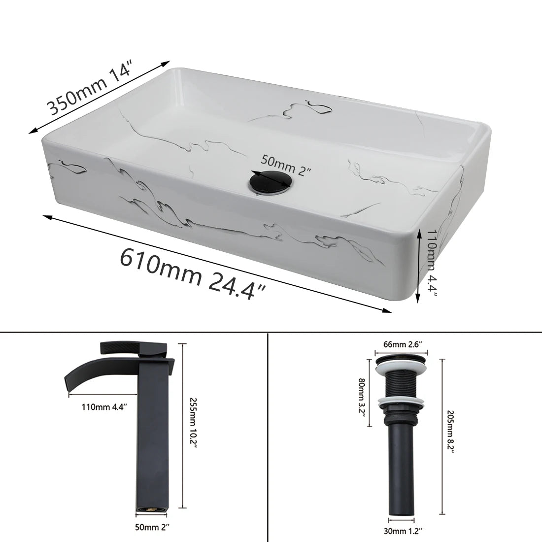 KEMAIDI Rectangular Marble Ceramic Vessel Sink With Faucet Set