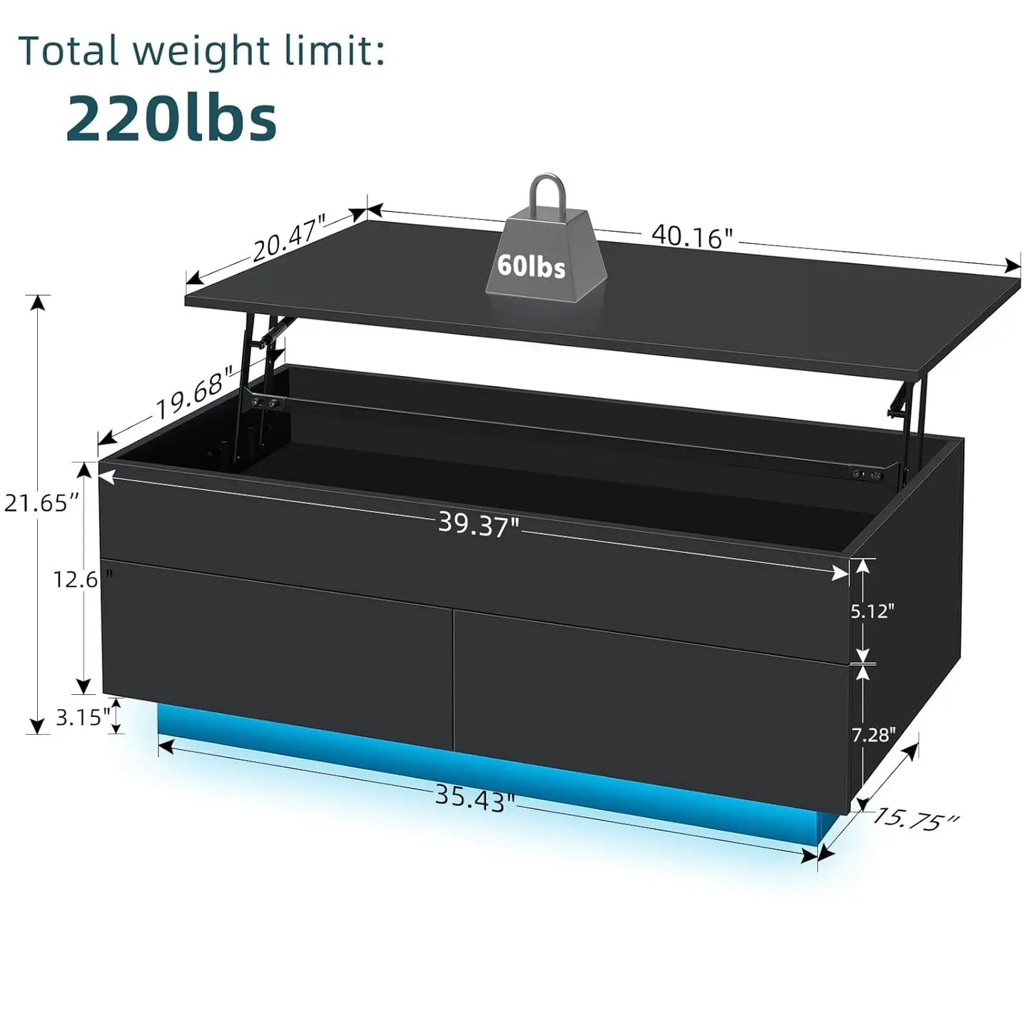 Lift Top Coffee Table With Storage And LED Modern Design