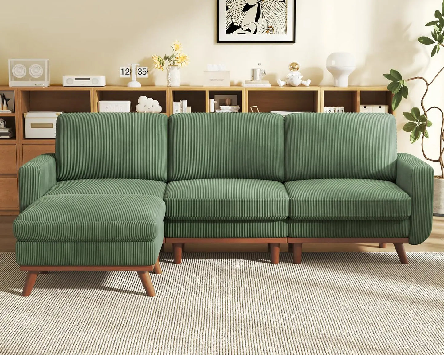 L Shape Modular Sectional Sofa 3 Seat Corduroy Movable Ottoman