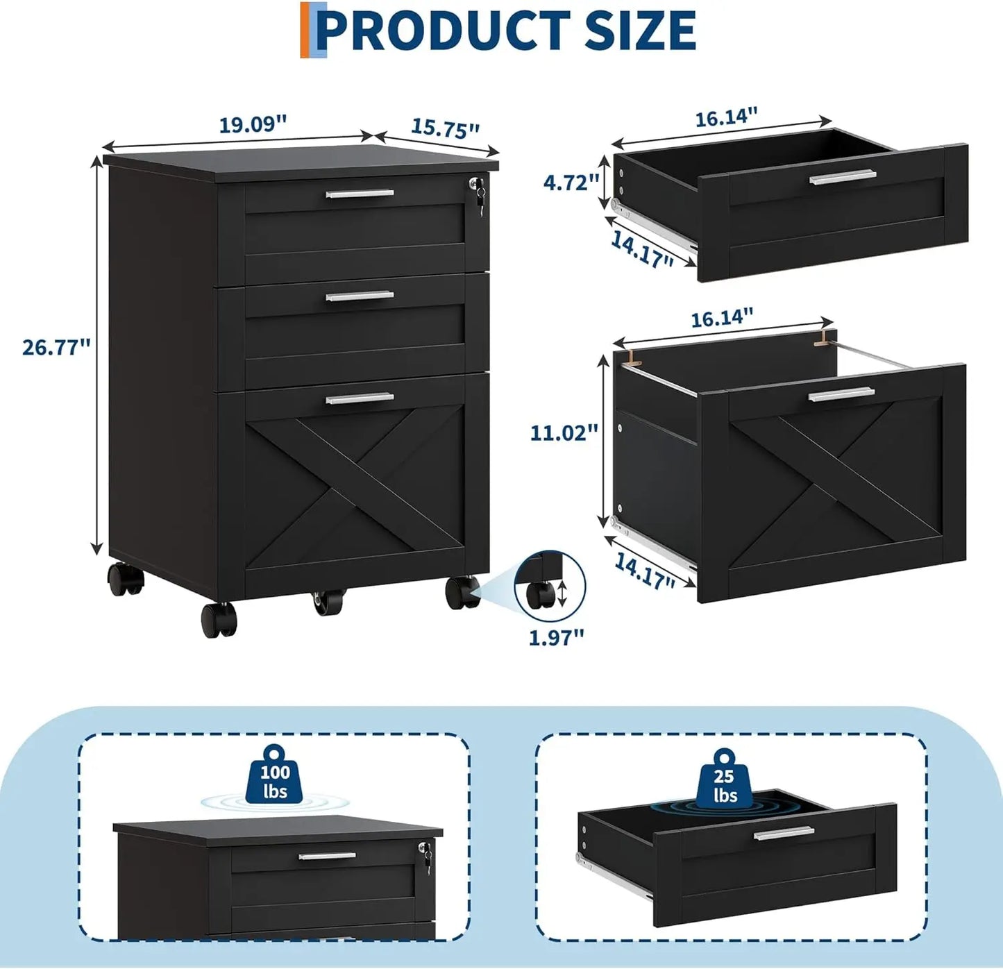 HiMISS 3-Drawer Rolling File Cabinet With Lock For Home Office