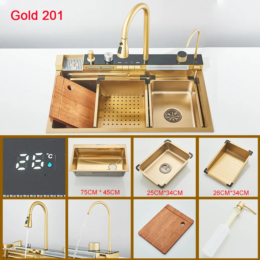 Multifunctional Kitchen Waterfall Sink With Digital Display, 304 Stainless Steel