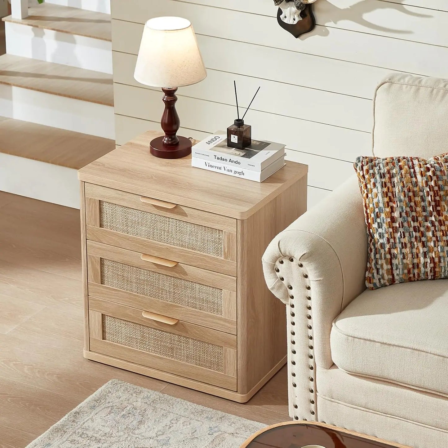 Rattan Nightstand Set Of 2 Boho Natural Wood Bedside Tables With Drawers