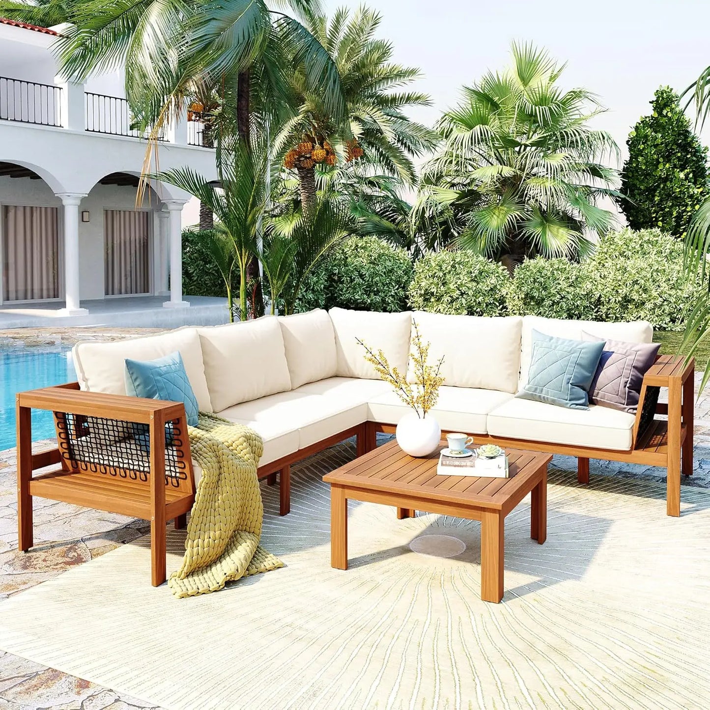 Acacia Wood Outdoor Slatted 4 Piece Sectional Sofa Set Cushions