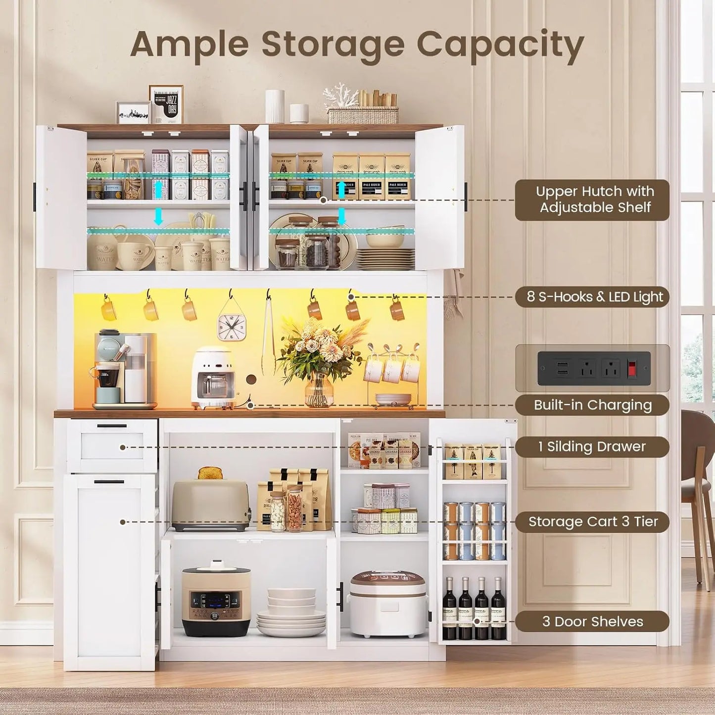 Pantry Cabinet With Charging Station And LED Light
