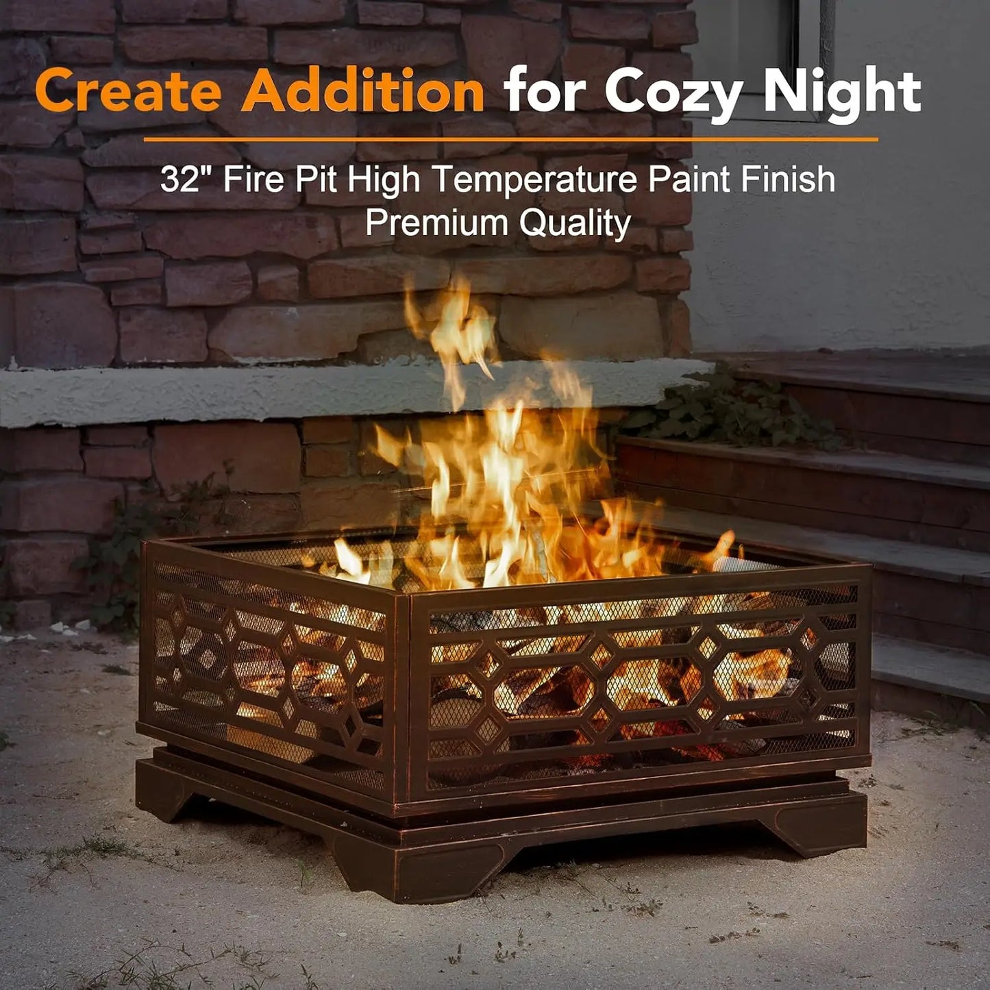 Outdoor Wood Burning Fire Pit With Mesh Cover And Poker