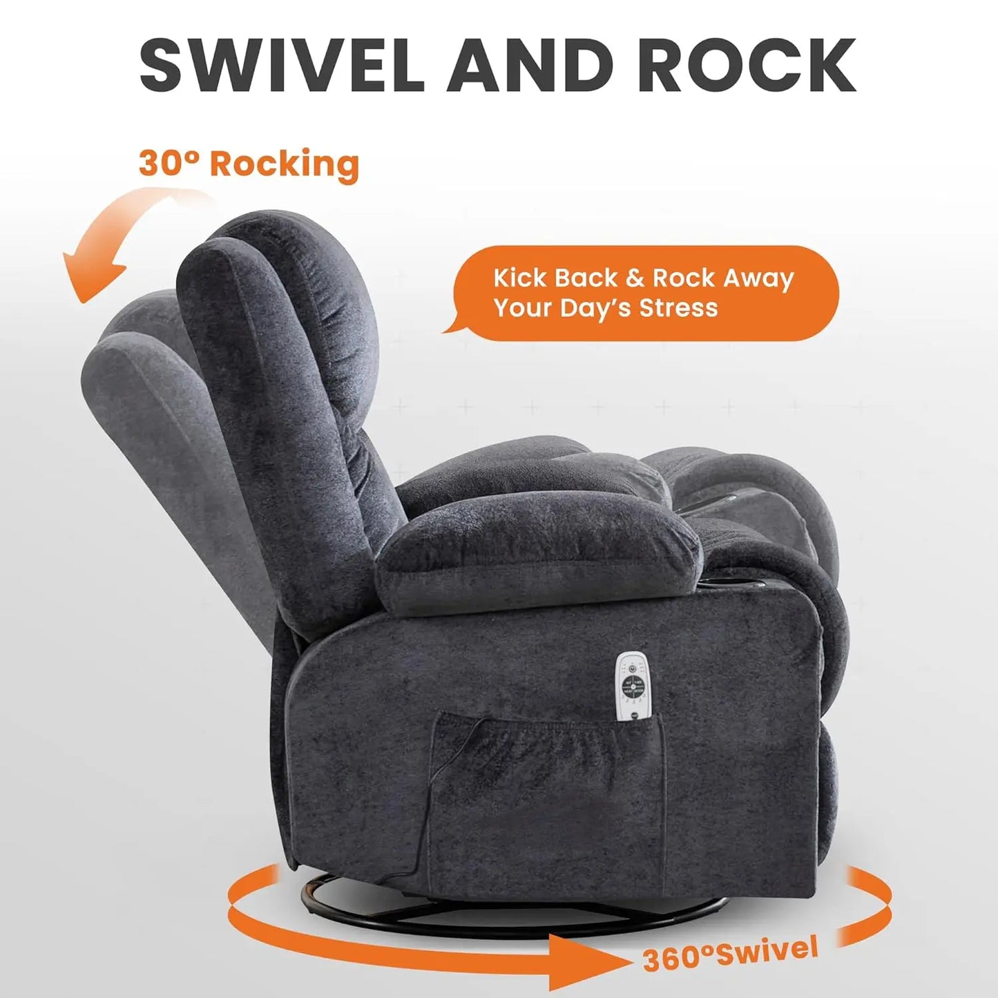 Swivel Recliner Chair With Massage And Heat, Rocker, Cup Holders