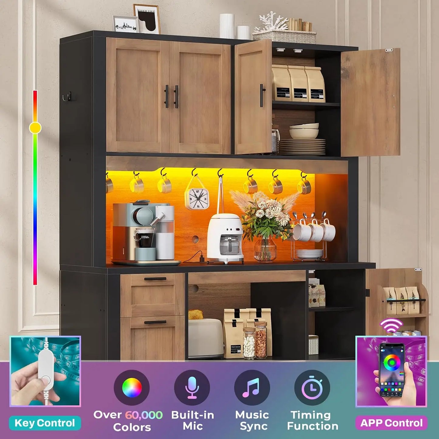 Pantry Cabinet With Charging Station And Lighting Microwave Stand