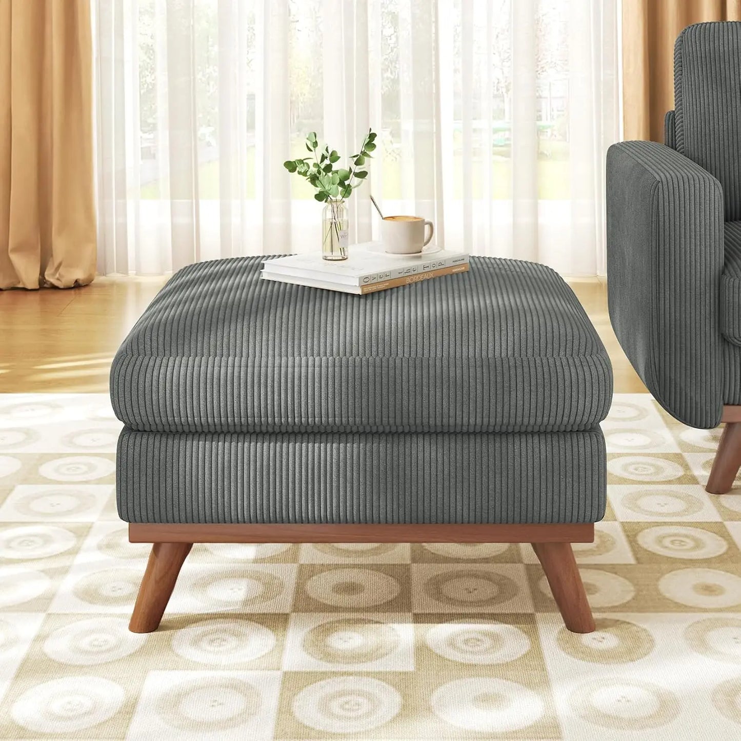 L Shape Modular Sectional Sofa 3 Seat Corduroy Movable Ottoman