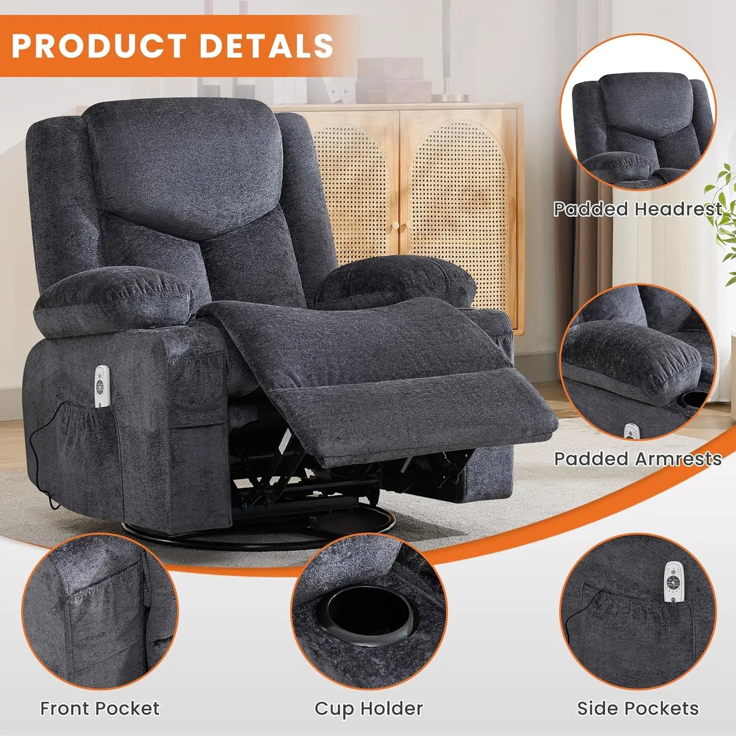 Swivel Recliner Chair With Massage And Heat, Rocker, Cup Holders