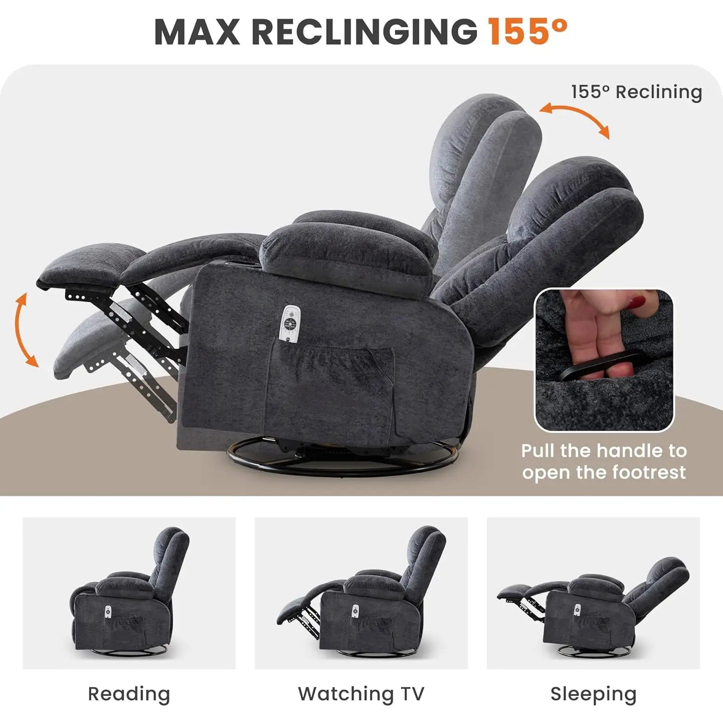 Swivel Recliner Chair With Massage And Heat, Rocker, Cup Holders