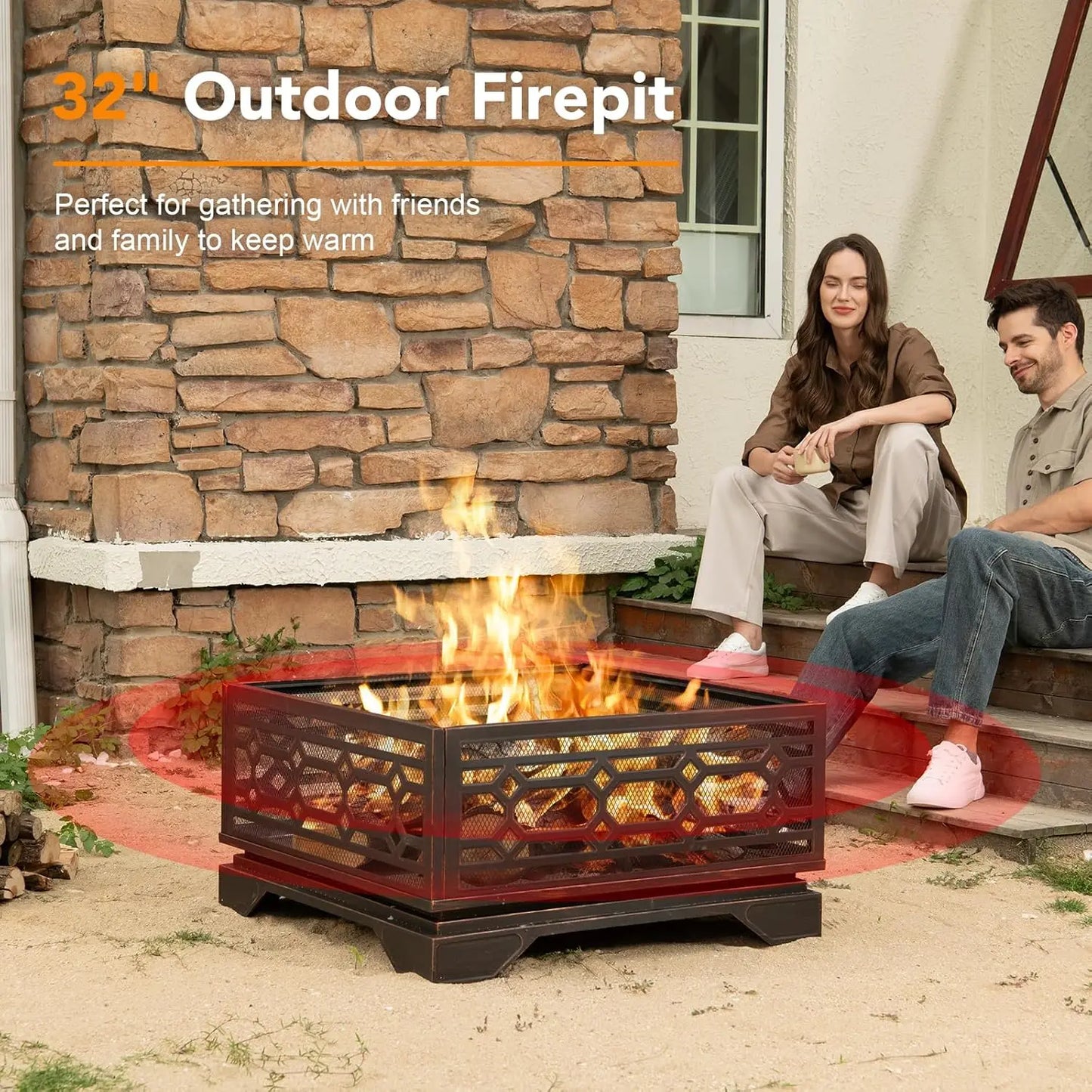 Outdoor Wood Burning Fire Pit With Mesh Cover And Poker