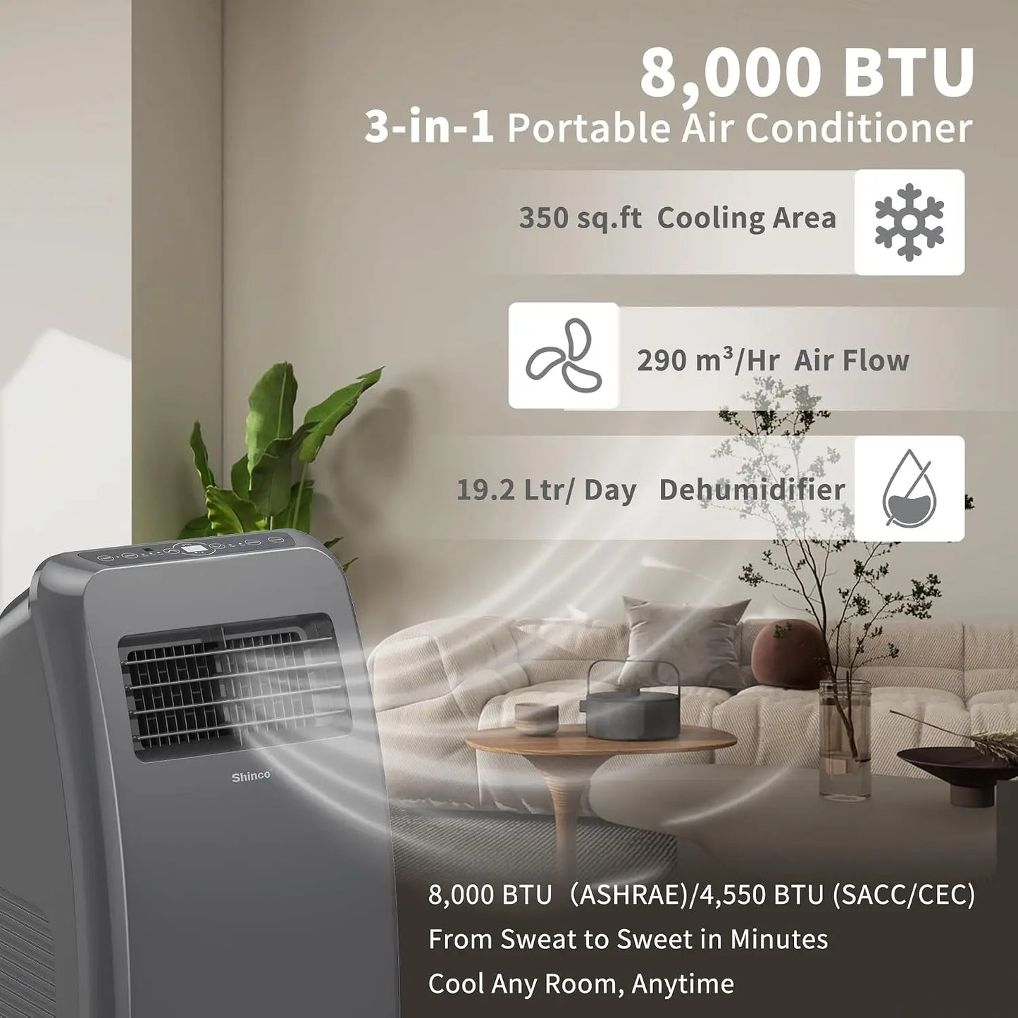 8000 BTU Portable Air Conditioner 3-In-1 Cooling Dehumidifier Fan