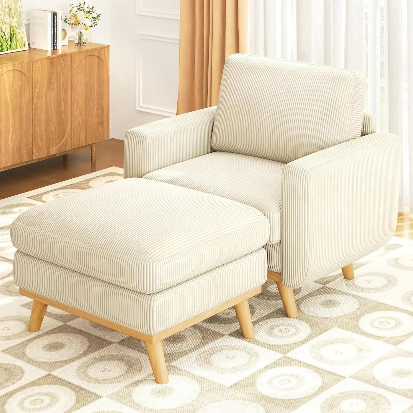 L Shape Modular Sectional Sofa 3 Seat Corduroy Movable Ottoman