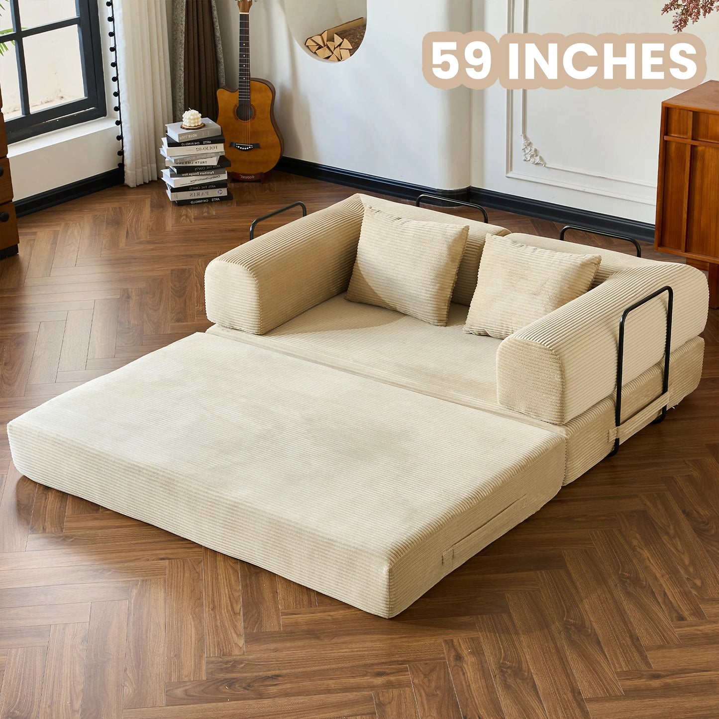 Foldable Convertible Futon Sofa Bed With L Shaped Arms