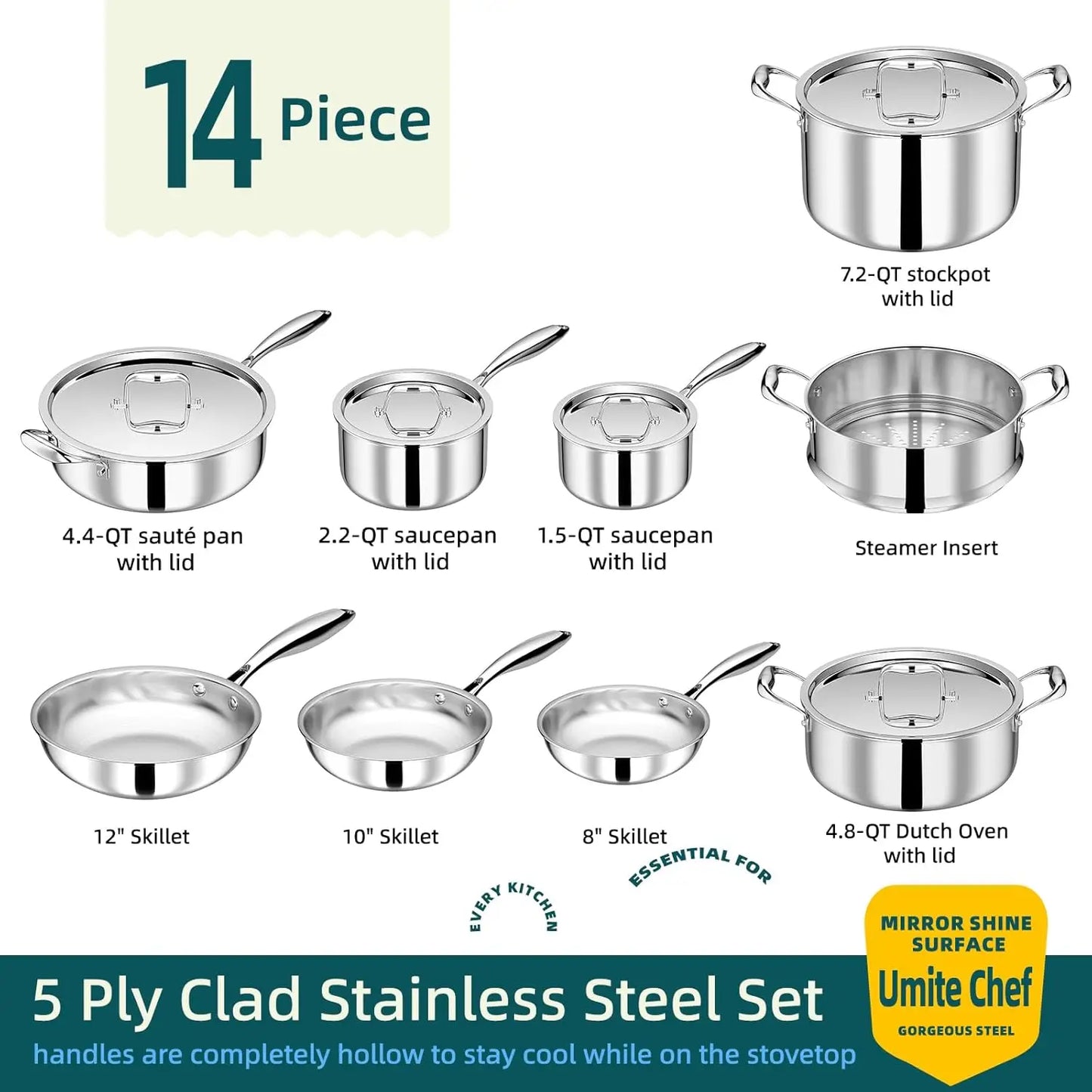 5-Ply Stainless Steel Cookware Set Induction Compatible Oven Safe