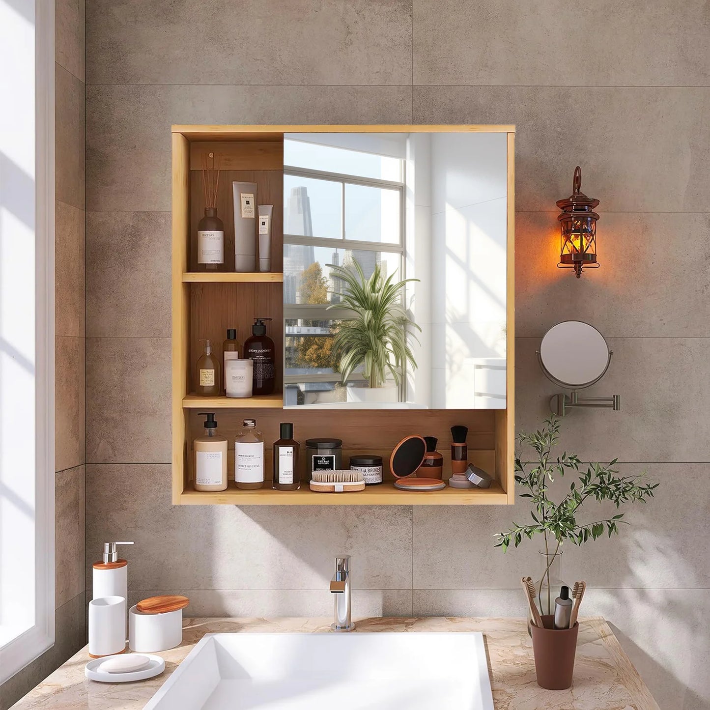 Wisfor Bamboo Bathroom Cabinet With Mirror Shelves