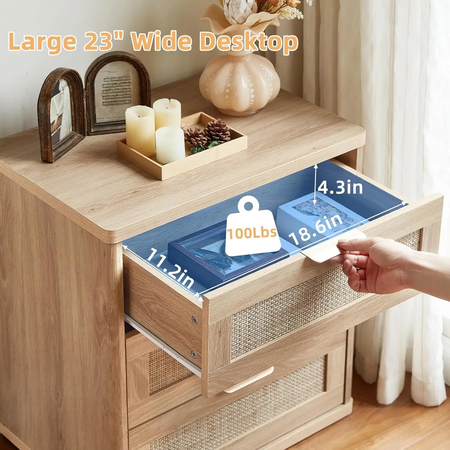 Rattan Nightstand Set Of 2 Boho Natural Wood Bedside Tables With Drawers