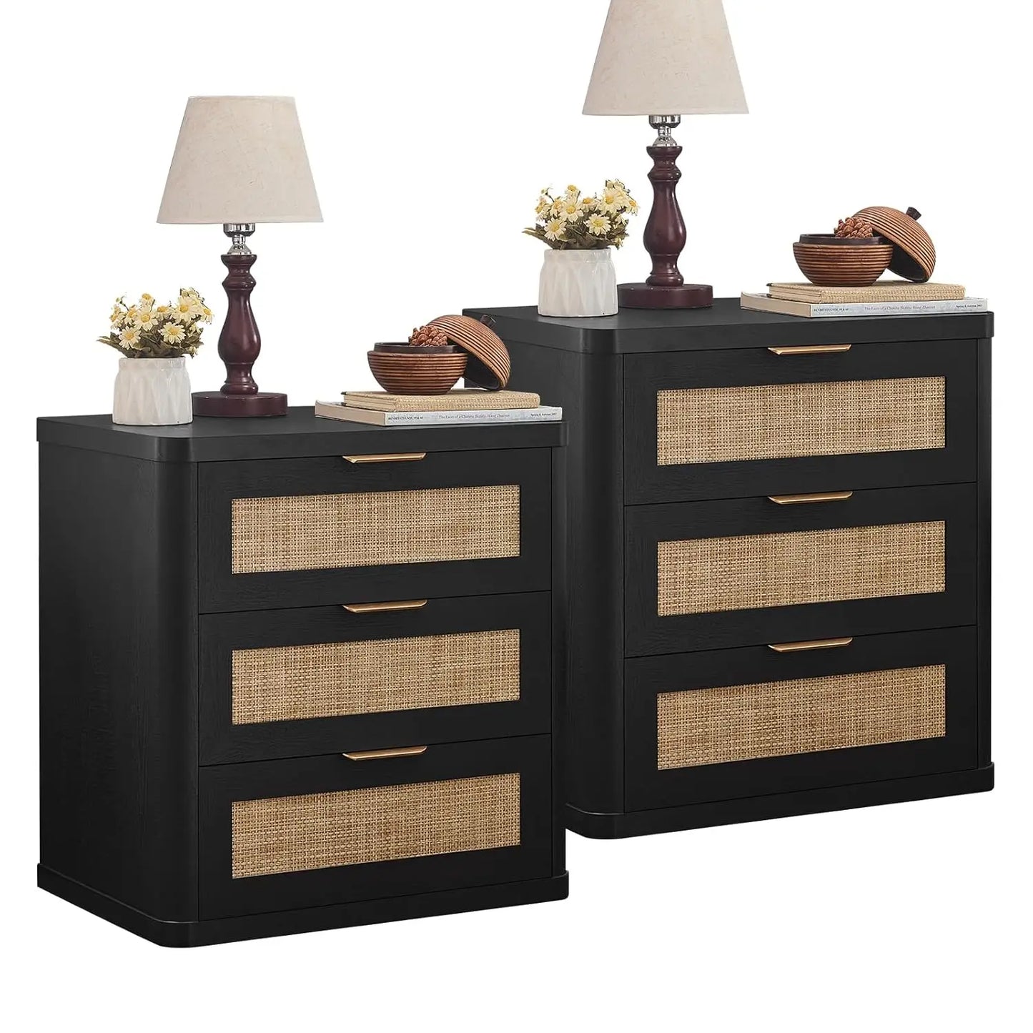 Rattan Nightstand Set Of 2 Boho Natural Wood Bedside Tables With Drawers