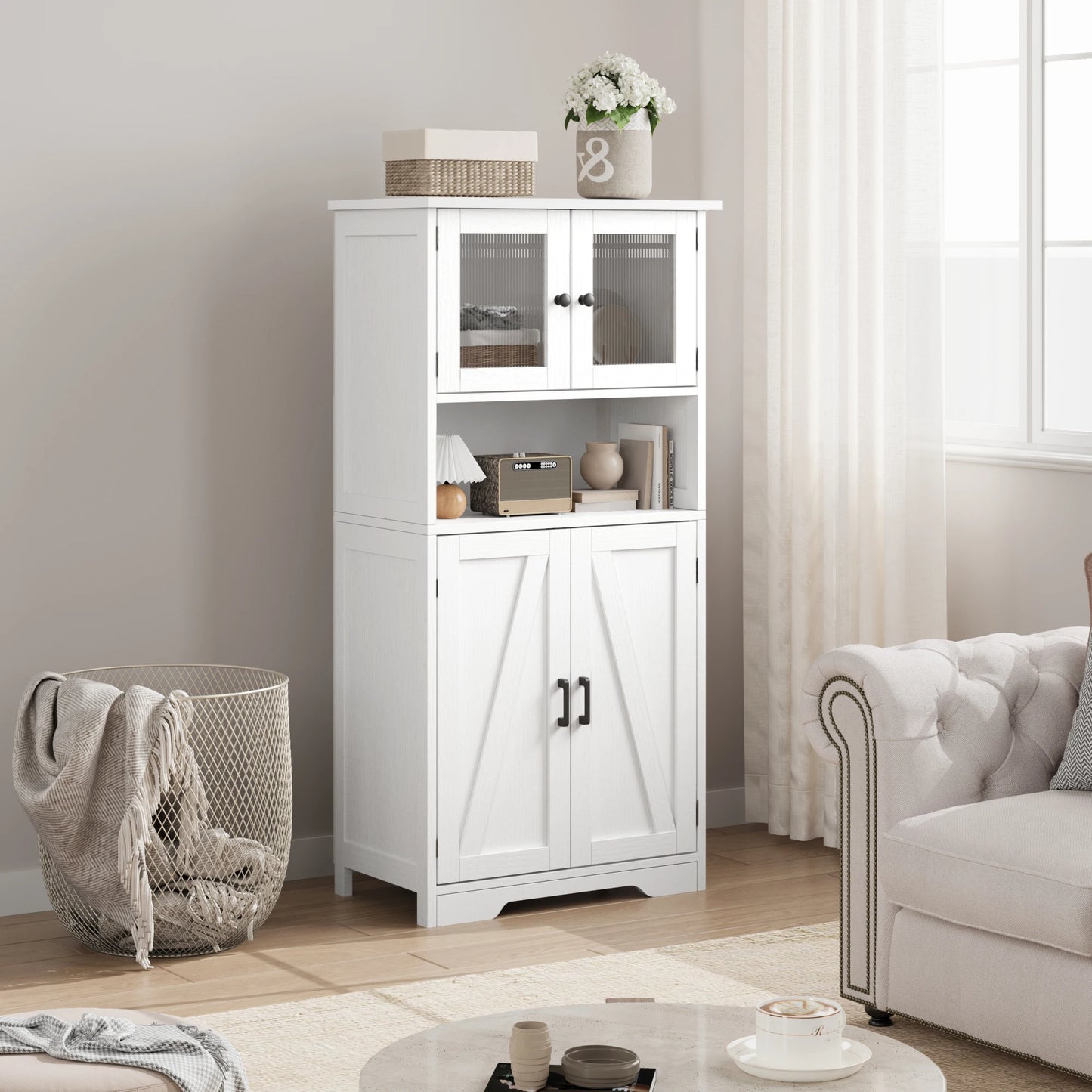 HobbyLane Free Standing Kitchen Pantry Cabinet Tempered Glass Doors