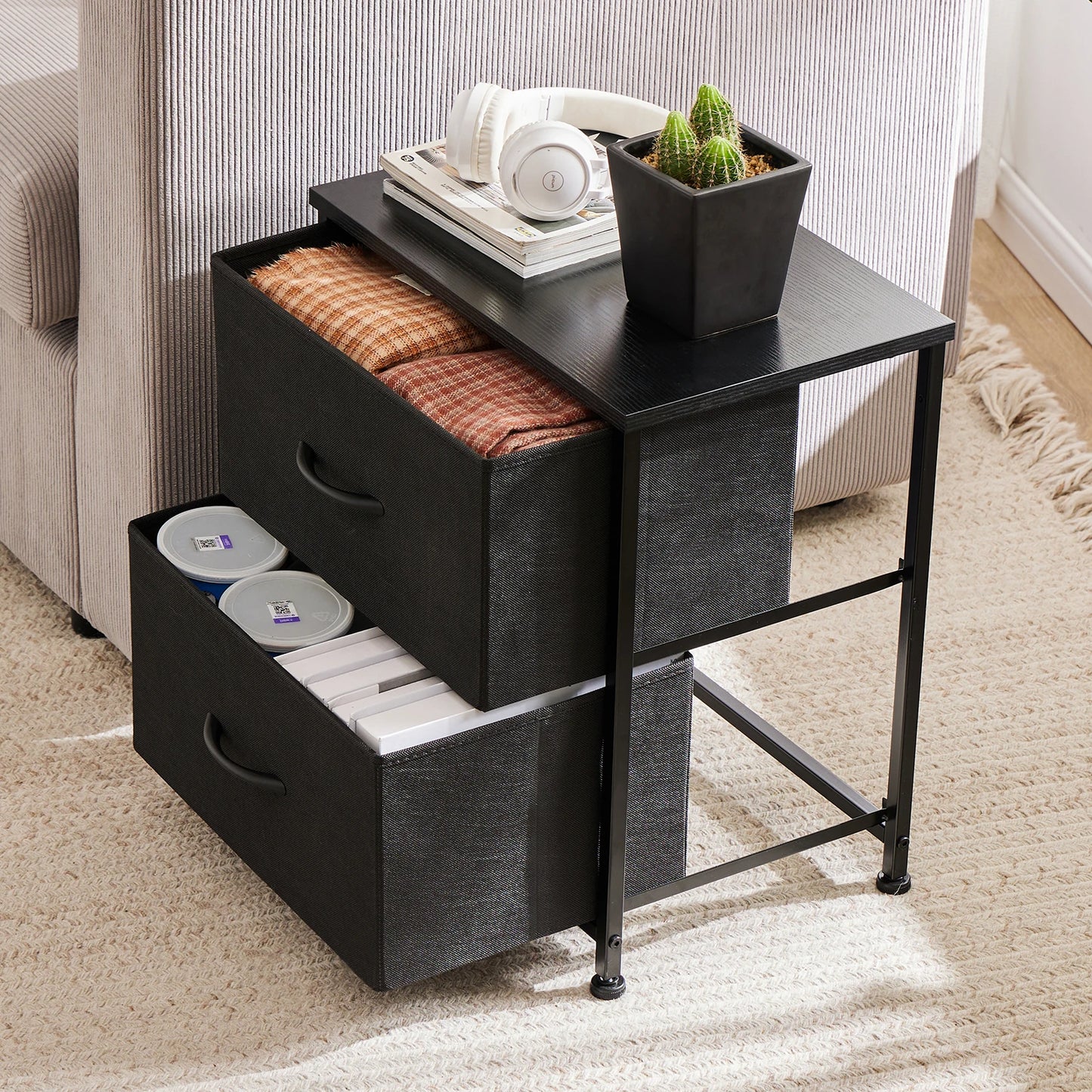 JHK Nightstand With Storage Drawers Bedside Table Modern Metal Frame