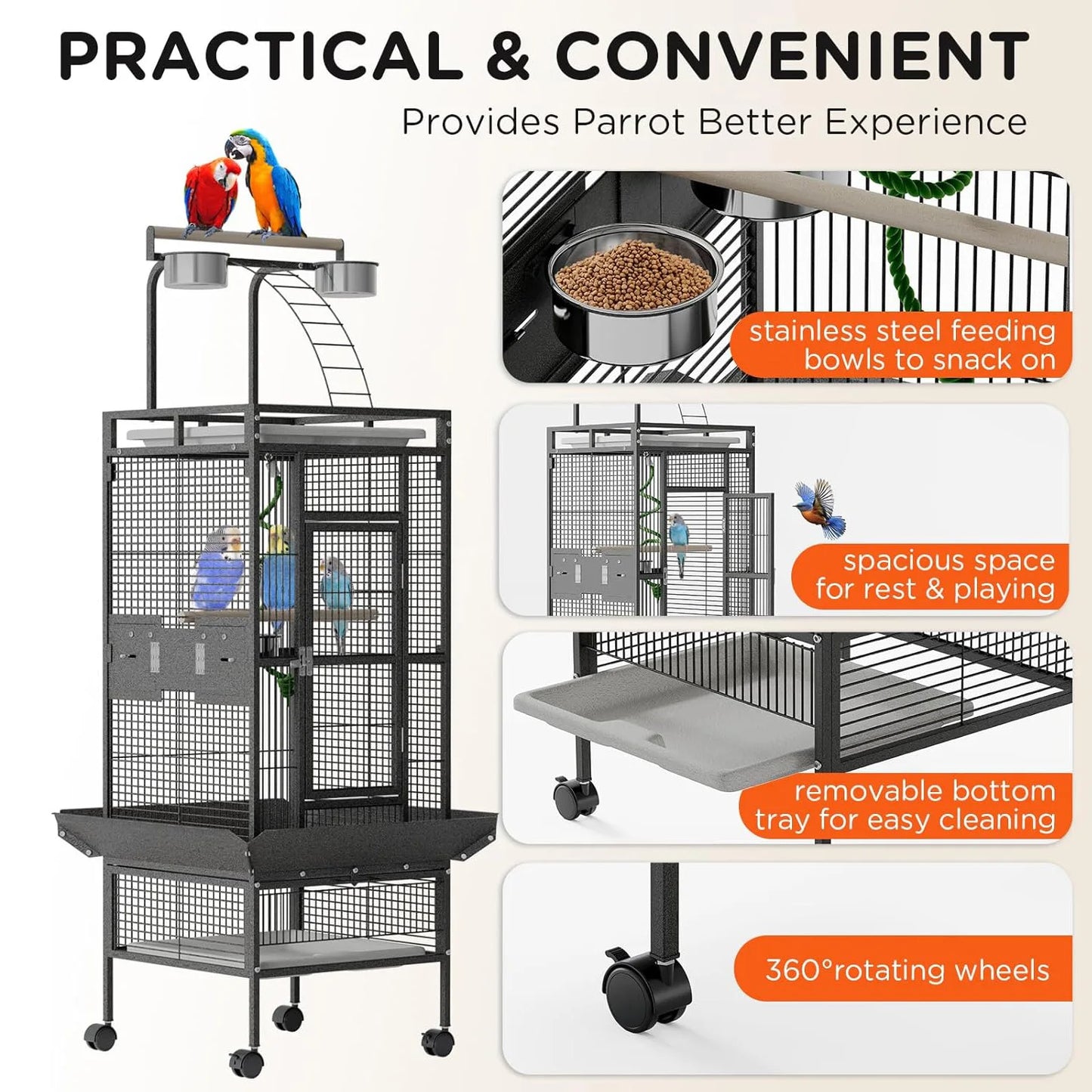 HiMISS Rolling Parrot Cage With Play Top Stainless Steel Bowls