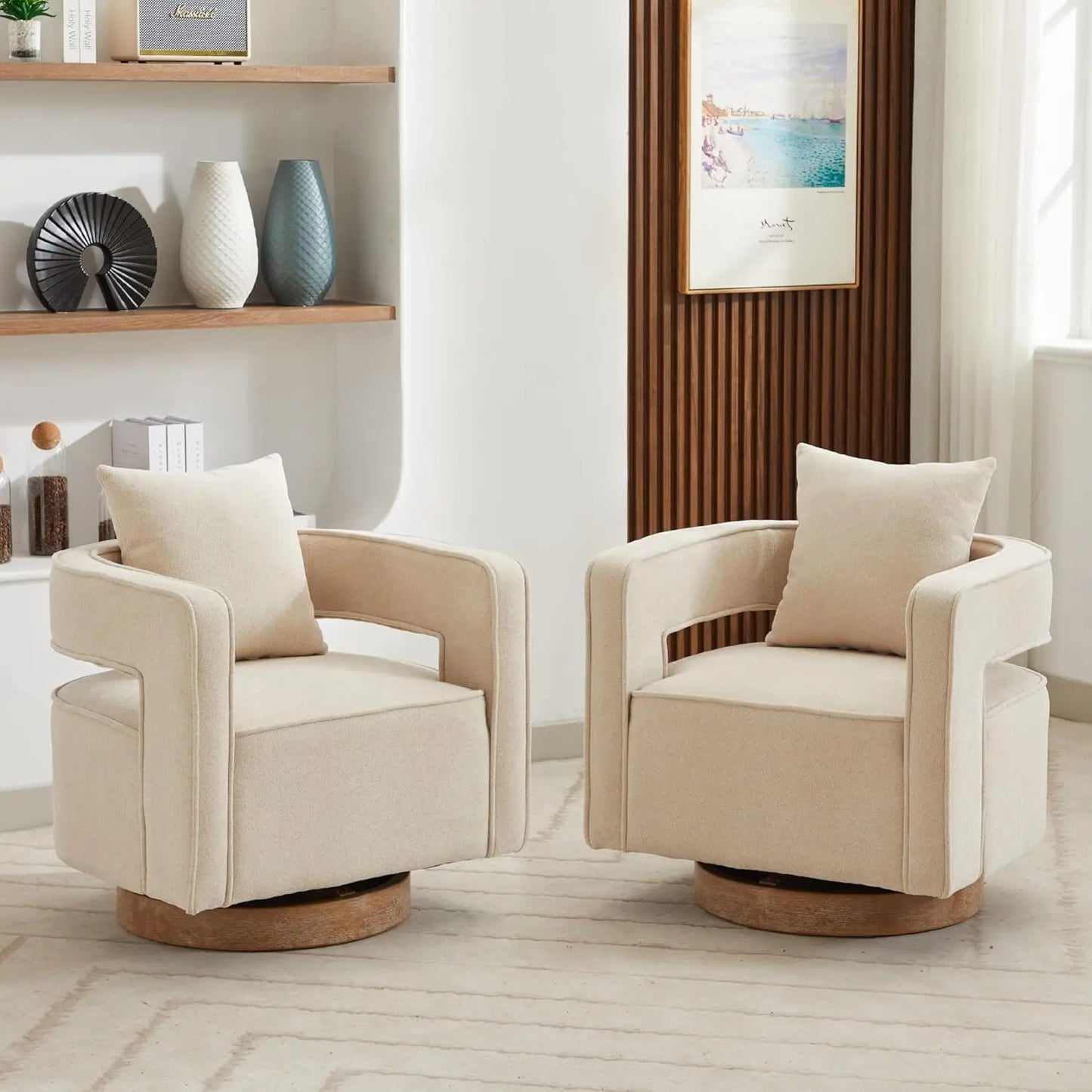 Upholstered Swivel Accent Chair Set Of 2 Linen Open Back