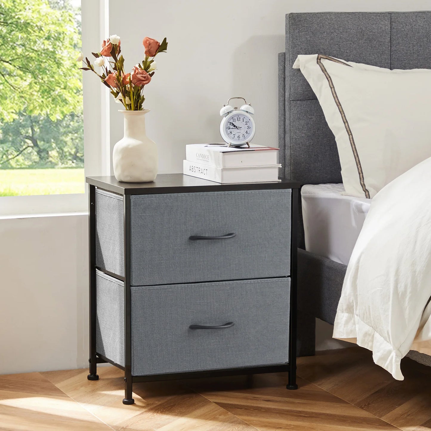 JHK Nightstand With Storage Drawers Bedside Table Modern Metal Frame