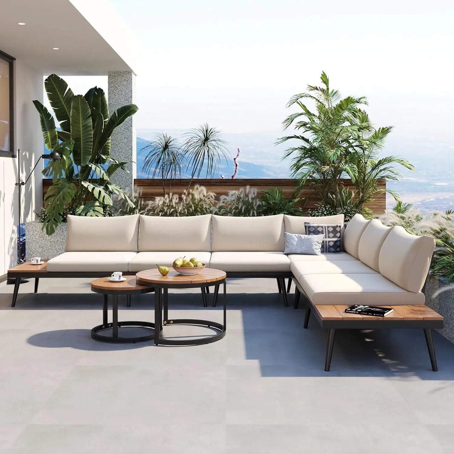 Acacia Wood Outdoor Slatted 4 Piece Sectional Sofa Set Cushions