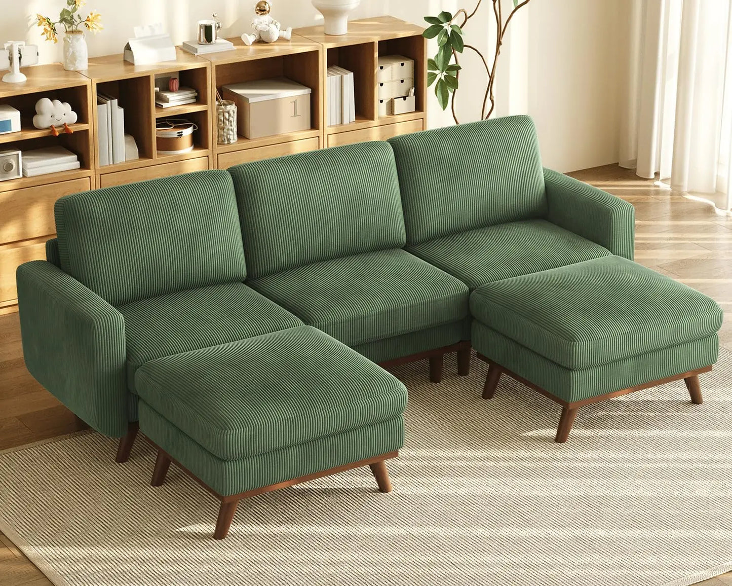 L Shape Modular Sectional Sofa 3 Seat Corduroy Movable Ottoman