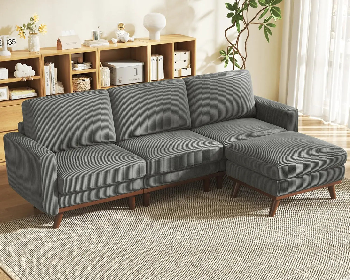 L Shape Modular Sectional Sofa 3 Seat Corduroy Movable Ottoman