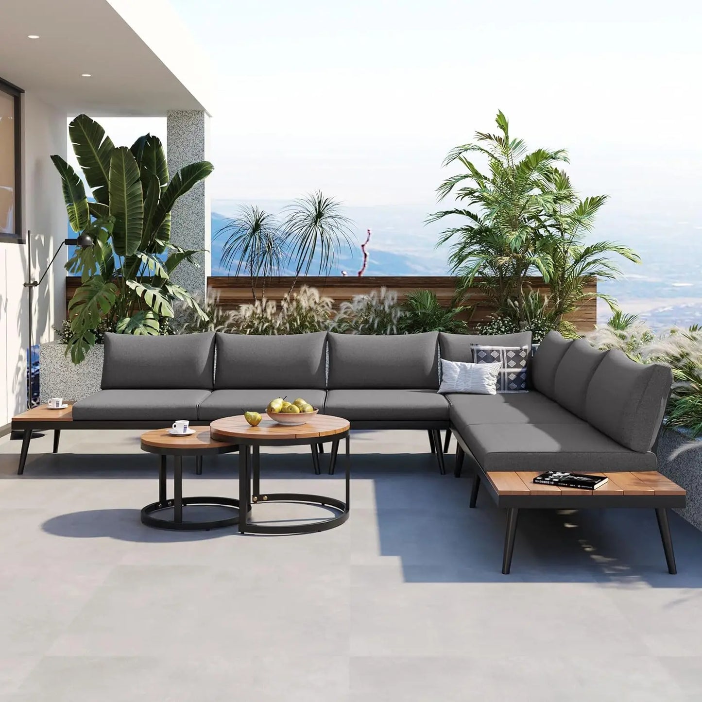 Acacia Wood Outdoor Slatted 4 Piece Sectional Sofa Set Cushions