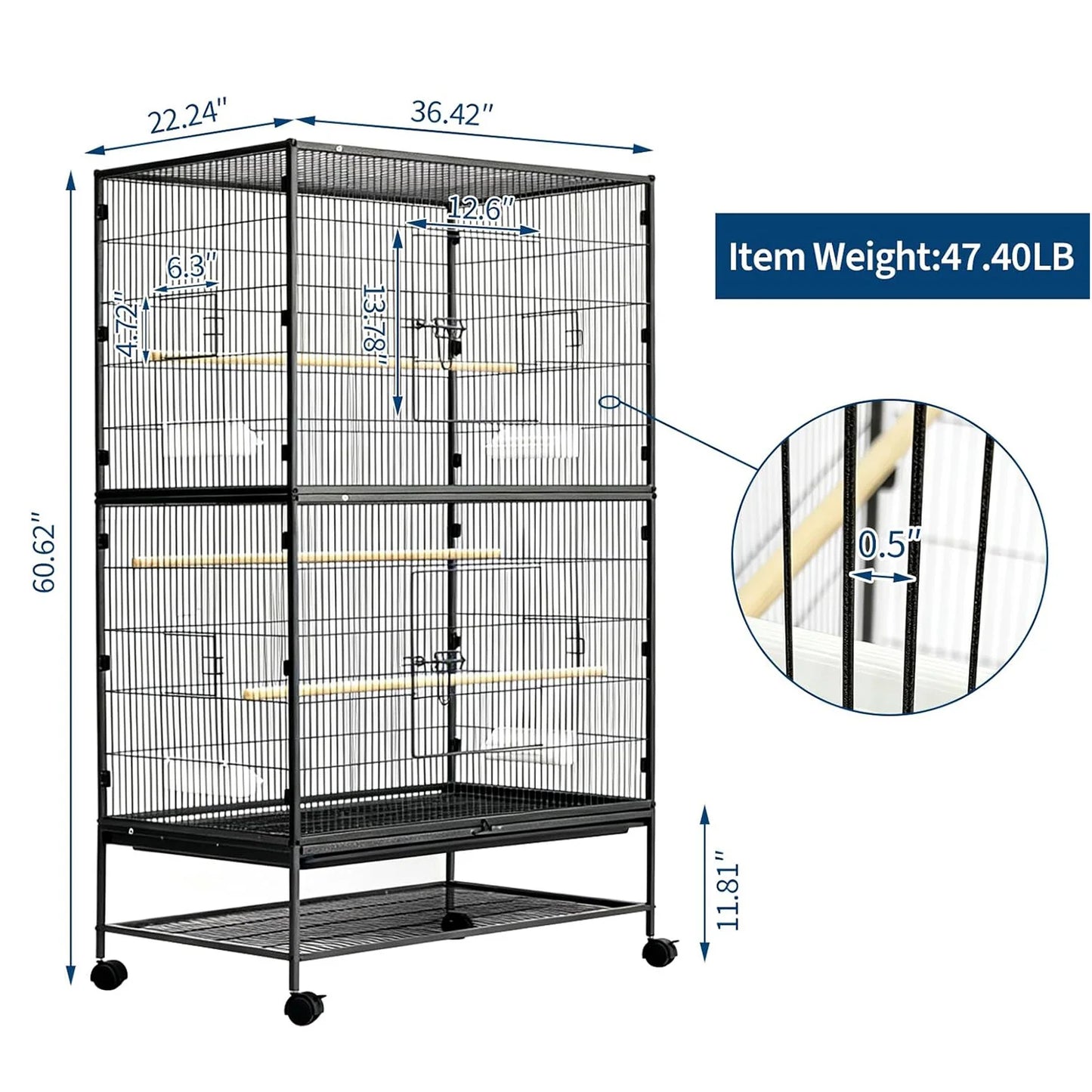 HiMISS Bird Cage with Rolling Storage Stands and Bowls