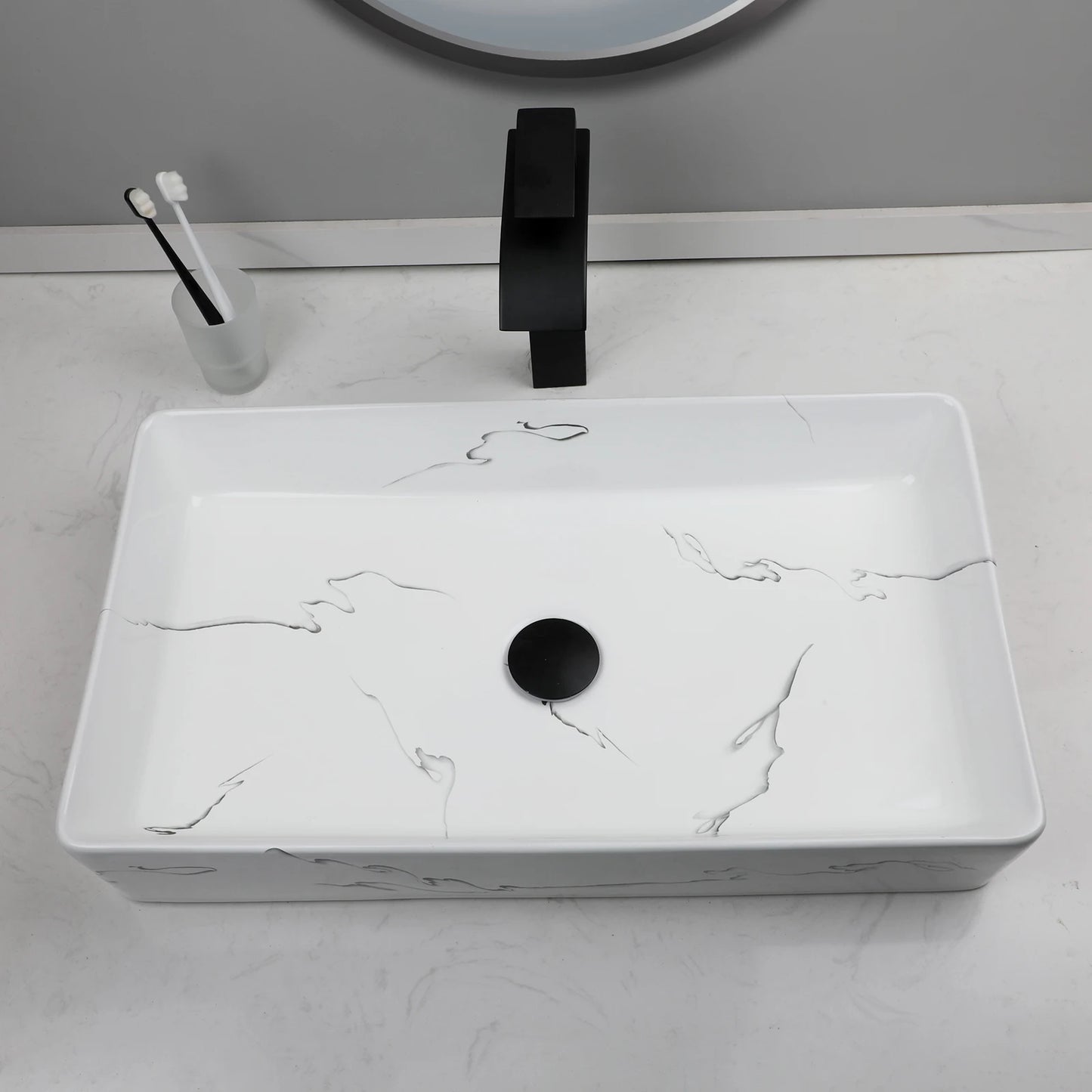 KEMAIDI Rectangular Marble Ceramic Vessel Sink With Faucet Set