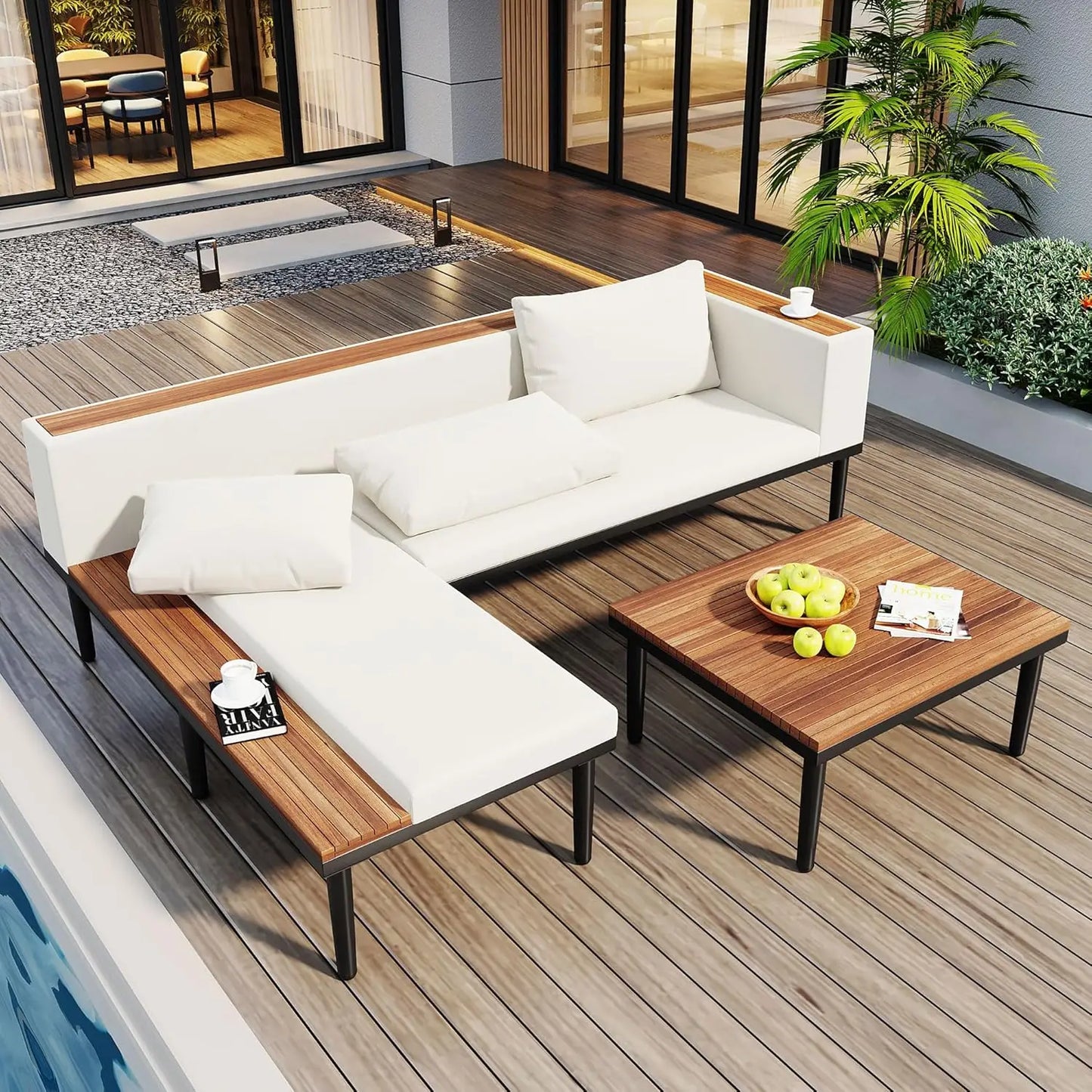 Acacia Wood Outdoor Slatted 4 Piece Sectional Sofa Set Cushions