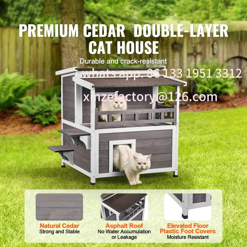 Weatherproof Outdoor Cat House Two Story Wooden Shelter With Balcony