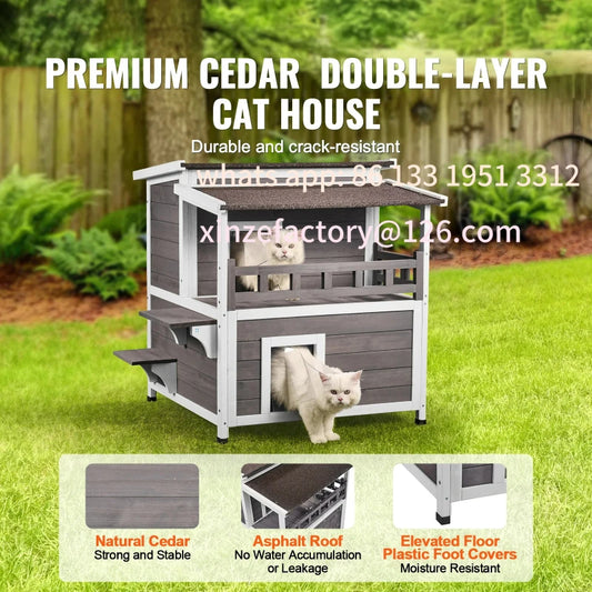 Weatherproof Outdoor Cat House Two Story Wooden Shelter With Balcony