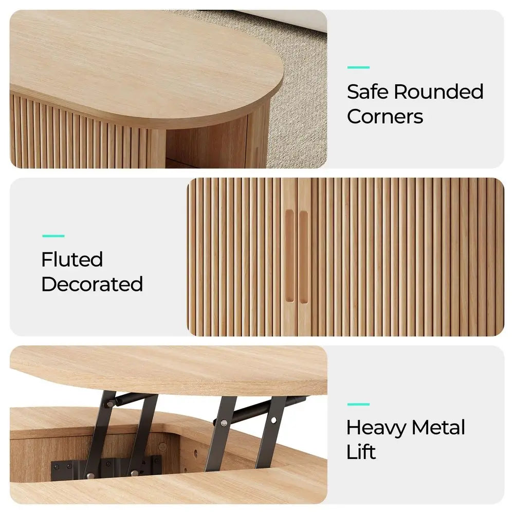 Oval Fluted Tambour Sliding Door Lift-Top Coffee Table With Storage