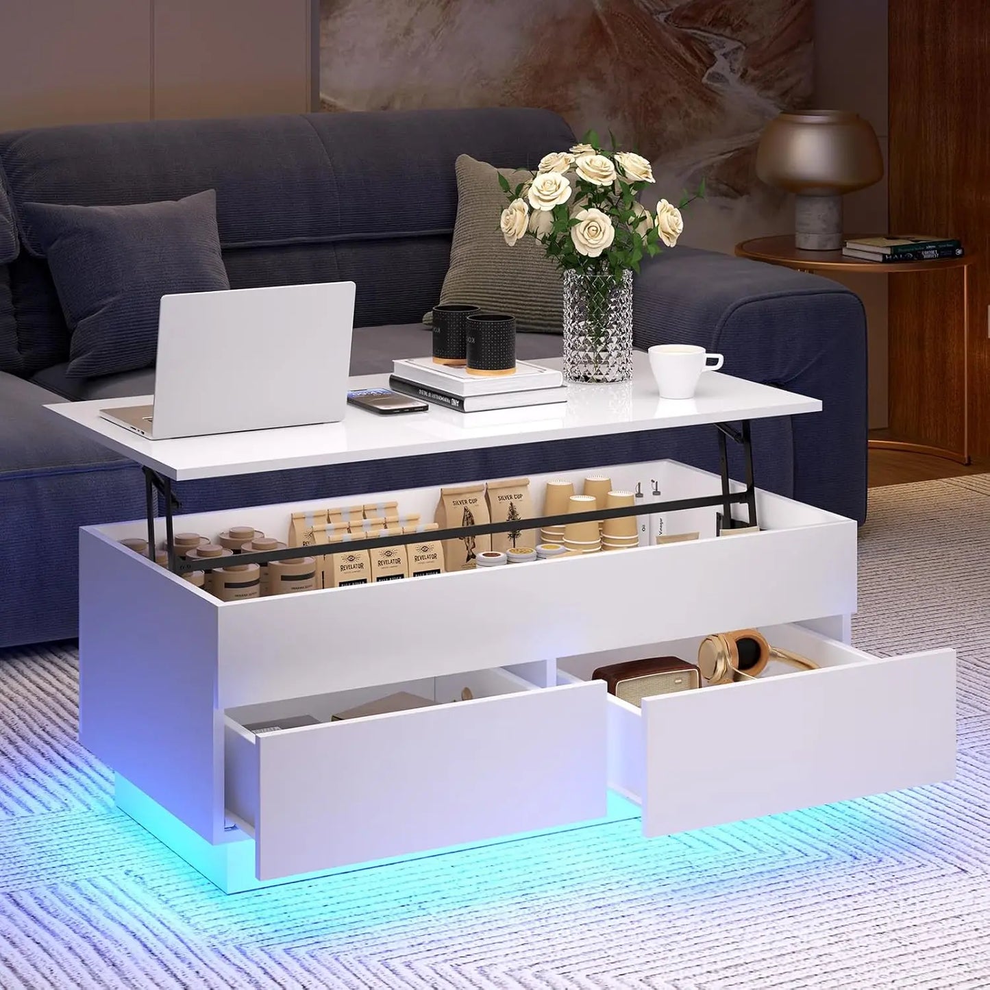 Lift Top Coffee Table With Storage And LED Modern Design