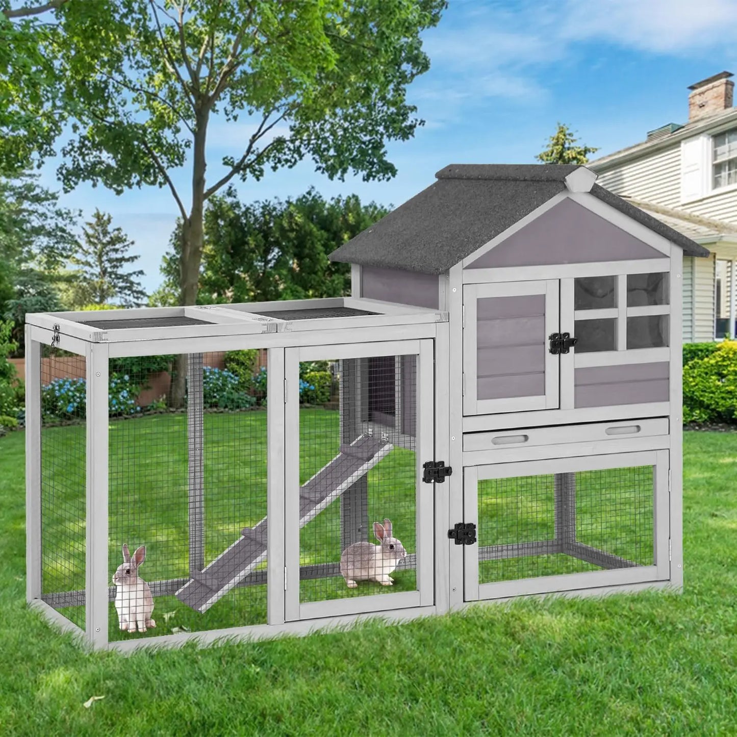 Two-Story Chew-Proof Metal Rabbit Hutch for Indoor Outdoor Use