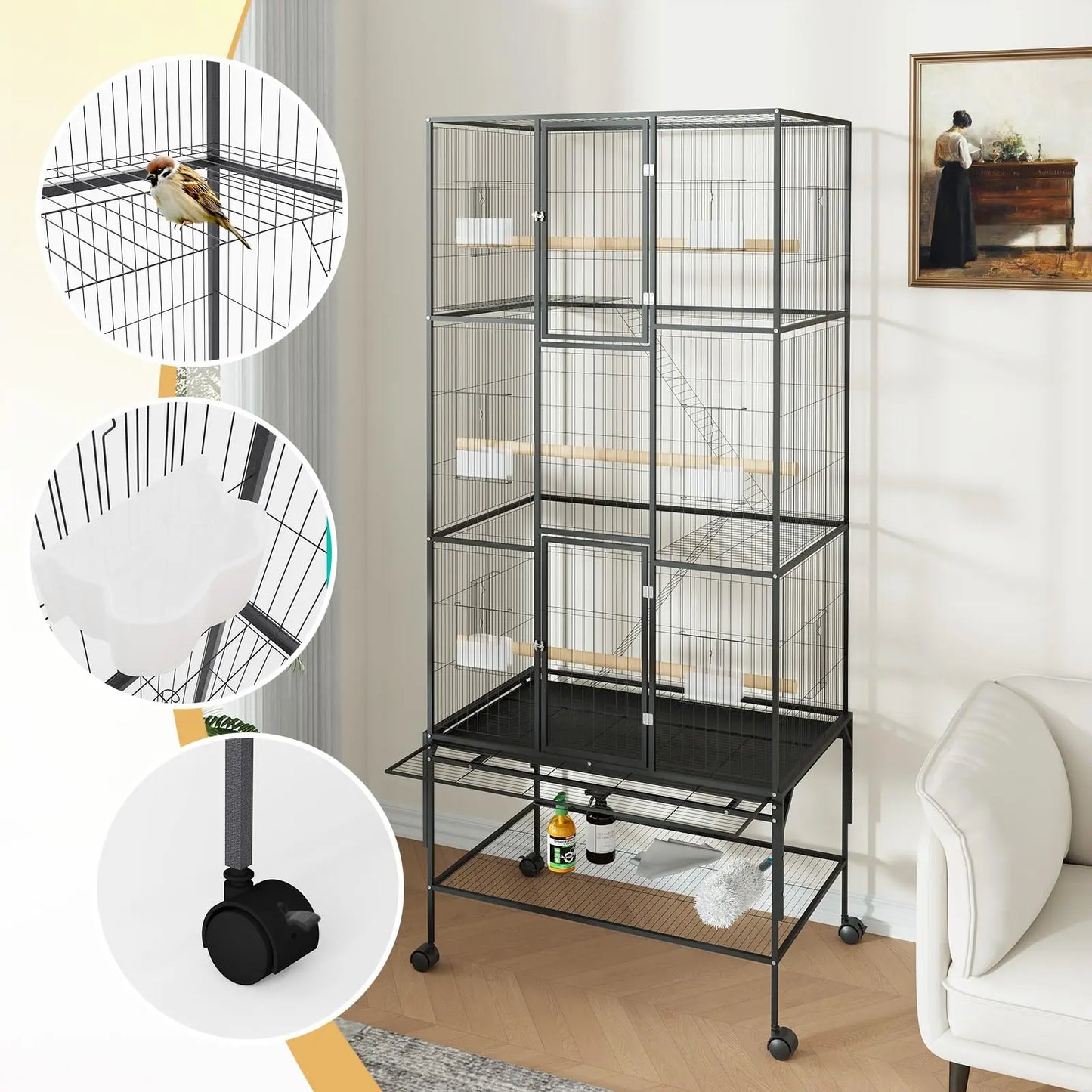 HiMISS Multi-Tier Bird Cage With Detachable Stand And Wheels